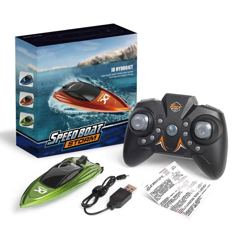 Mini RC Boat, Speed Boat Storm: 2.4G dual-motor RC boat with USB charging, LED lights, 12-minute runtime, and 20-meter range.