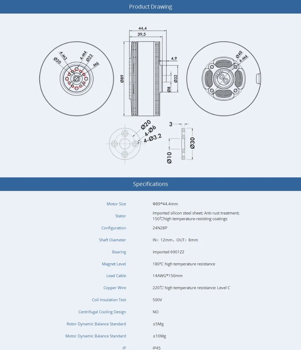 T-motor MN805S 150KV Brushless Motor 16KG Thrust For VTOL Heavy Load Aircraft Drone Multirotor Quadcopter 13 T-motor, Specifications Motor Size 089*44.,4mm Imported silicon steel sheet; Anti
