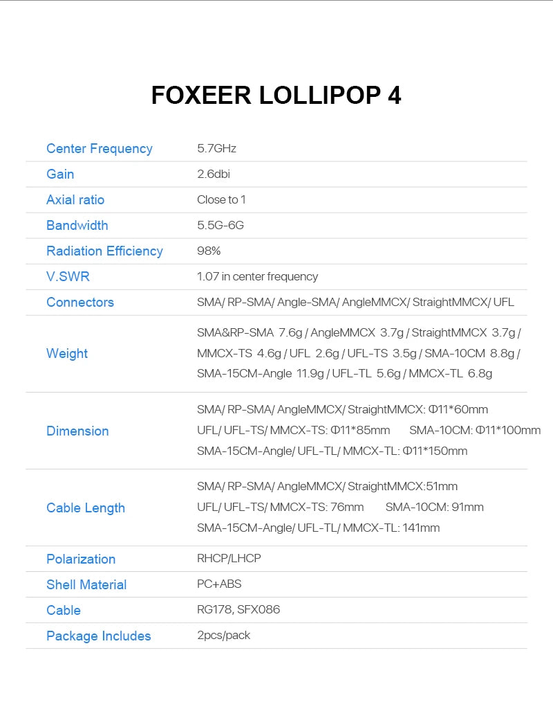 FOXEER LOLLIPOP 4 Center Frequency 5.7GHz Gain 2.6