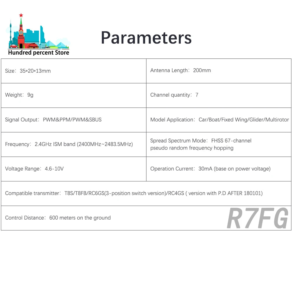 RadioLink R7FG 2.4GHz 7CH Dual Antenna Reciever, FHSS 67-channel Frequency: 24GHz ISM band (2400MHz