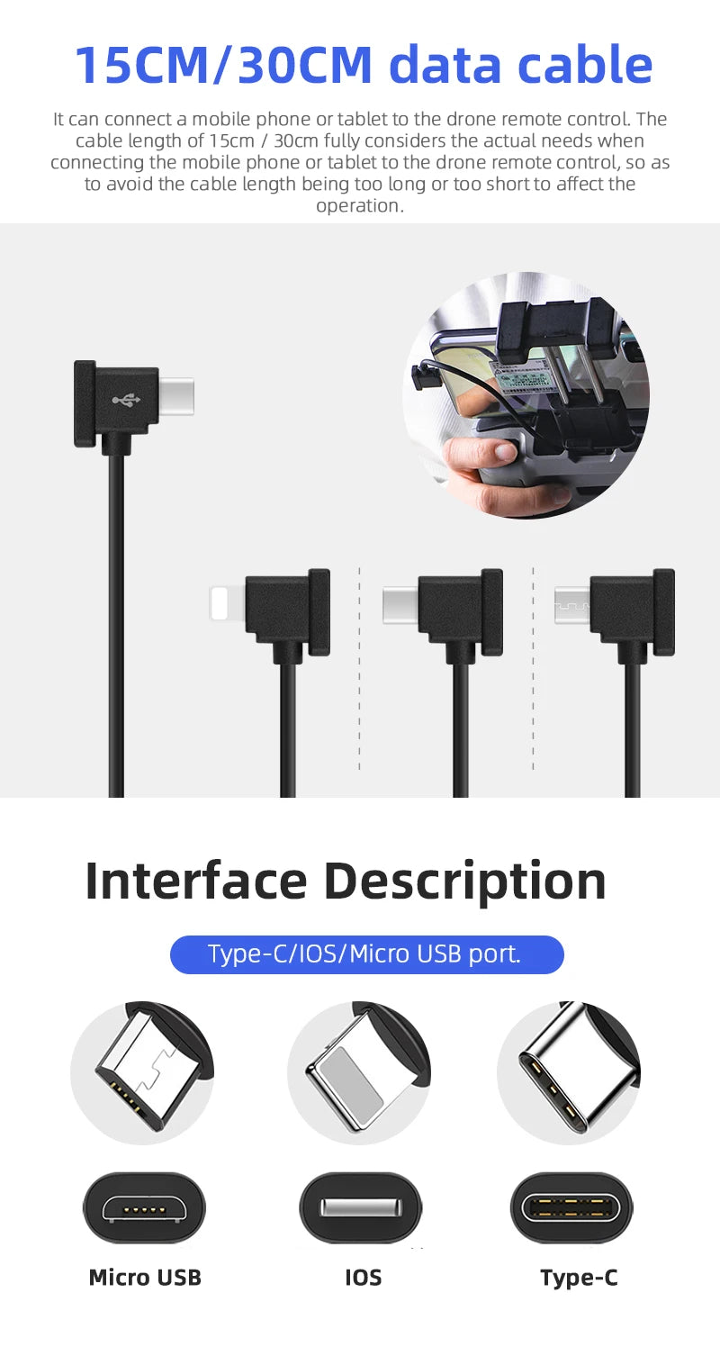 15CM/BOCM data cable can connect a mobile phone or tablet to the drone remote