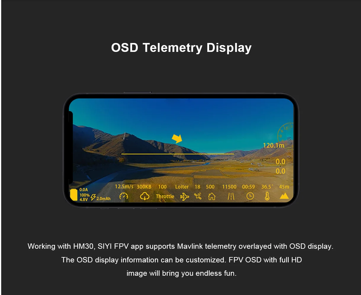 SIYI HM30 Full HD Digital Video Link, OSD telemetry display 120.Im 0.0 0.0 12.Sm/s