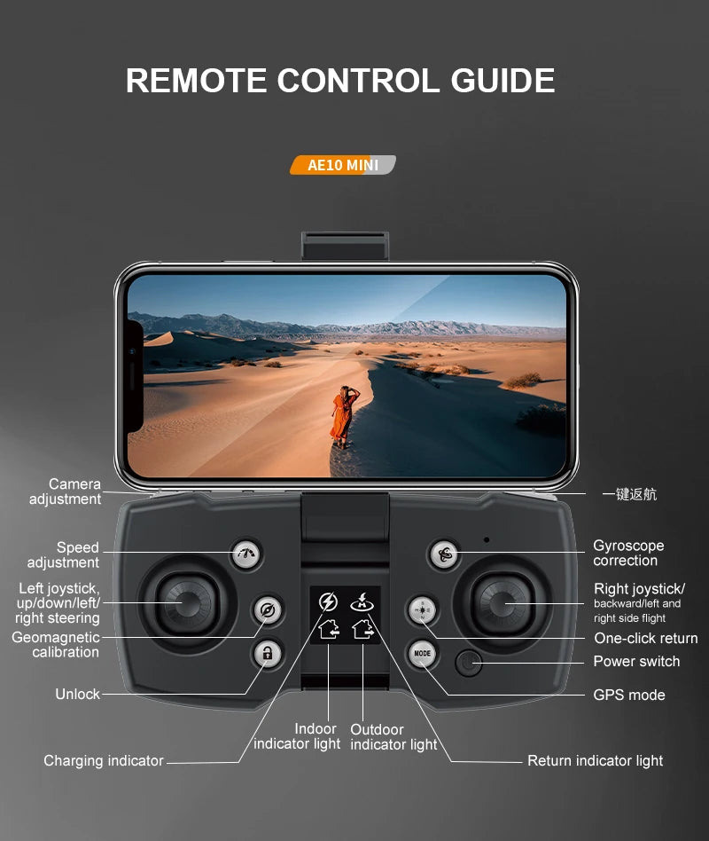 AE10 Drone, remote control guide ae1o mini camera adjustment gp