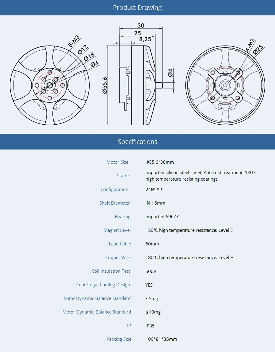 T-motor MN5006 KV300 KV450 Brushless Motor Antigravity Light Efficient 4-6S 3KG Trust Fit For P17x5.8 / P18x6.1" 13 T-motor, 055.6*30mm Imported silicon steel sheet; Anti-rust treatment; 180FC