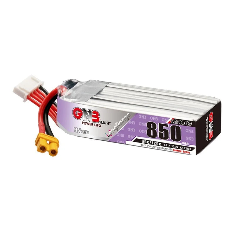 GAONENG GNB-4S HV 15.2V 850mAh 60C/120C LiPo battery with XT30U-F connector.