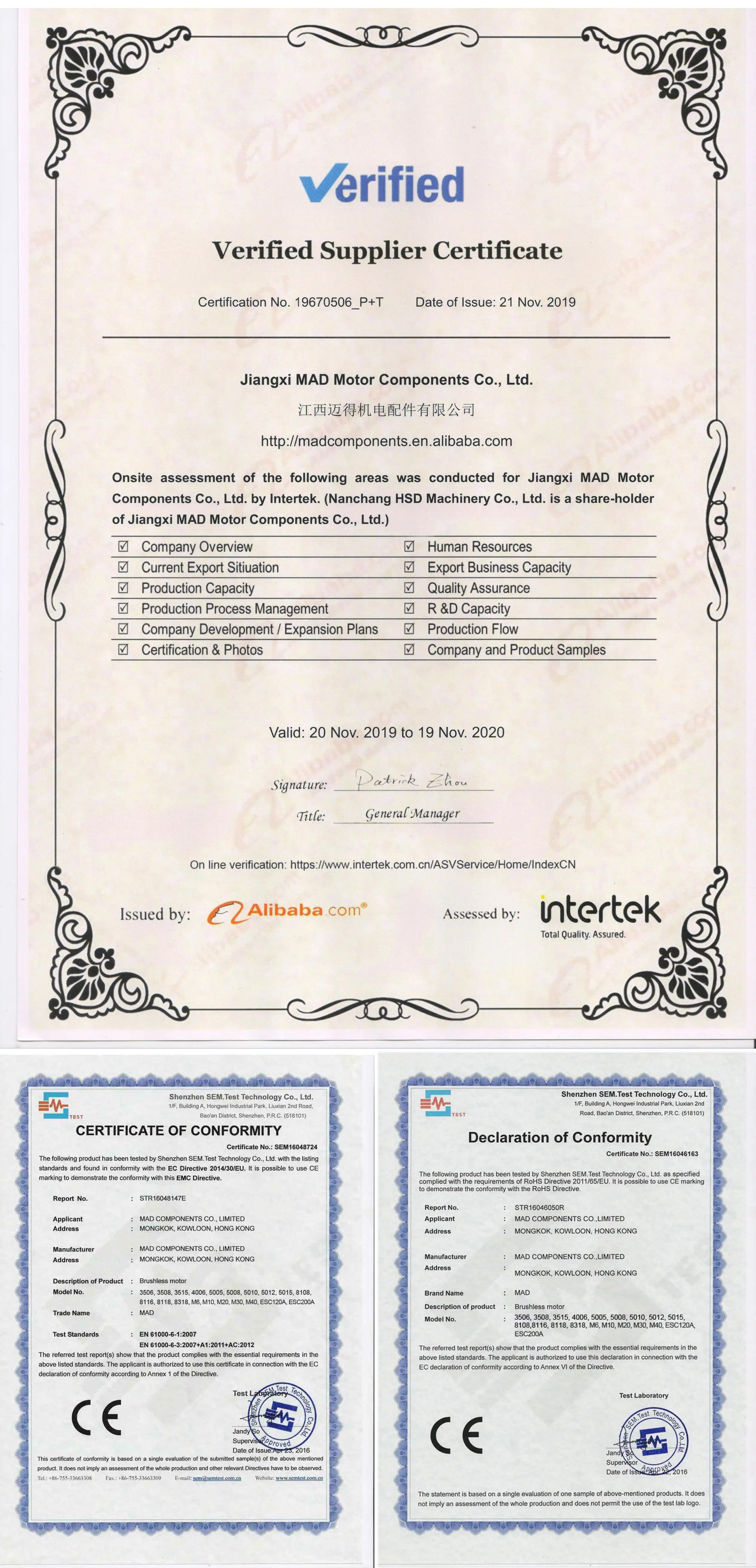 MAD M6C06 EEE Drone Motor, Jiangxi MAD Motor Components Ltd. certified by Intertek for EC and RoHS compliance.