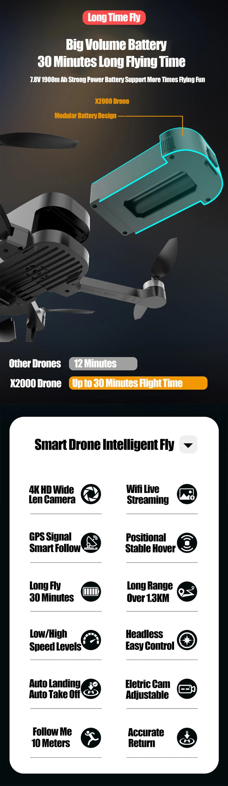 X2000 Drone, long time fly big volume battery 30 minutes long flying time 7.8v