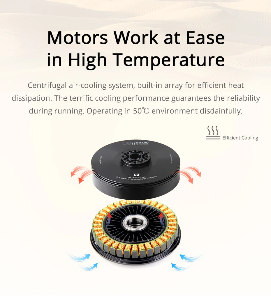 T-motor, the terrific cooling performance guarantees the reliability during running: Operating in 50'C environment disda
