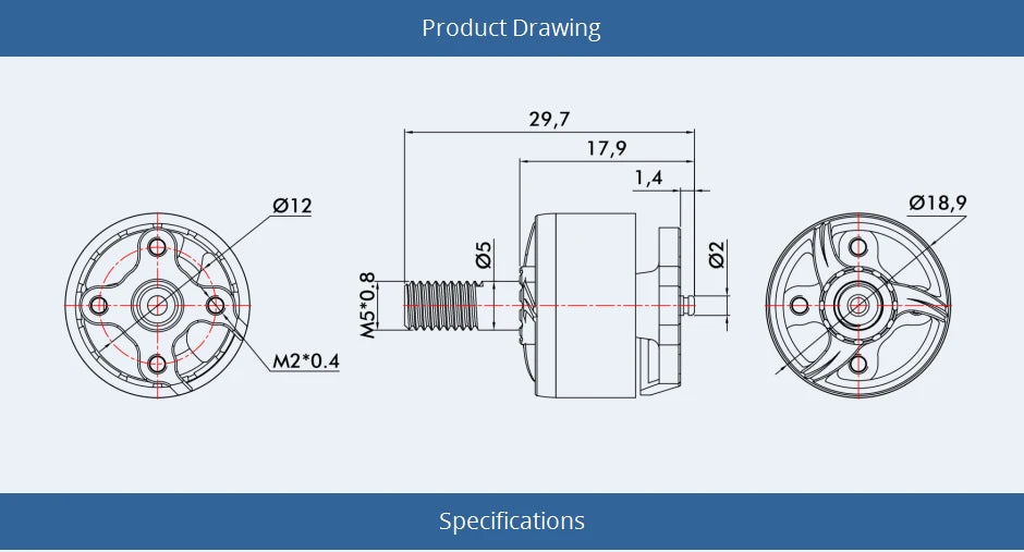 T-Motor, Product Drawing 29,7 17,9 012 018,9 0 M2*0.4 Specific