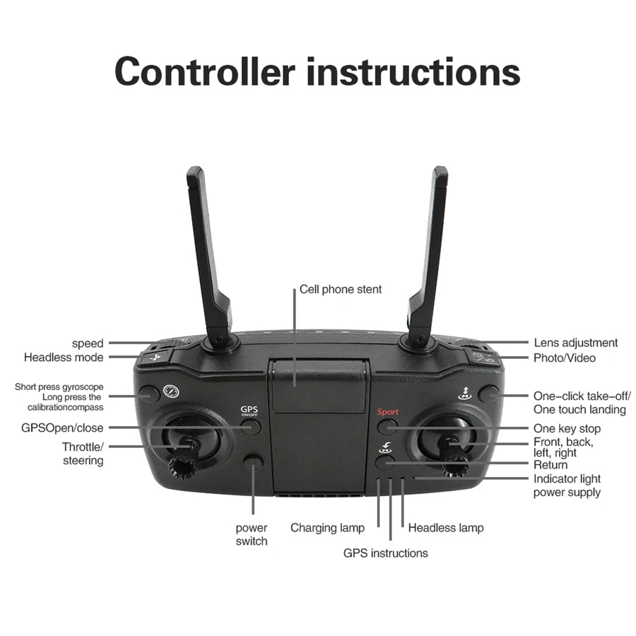 Flytec T15 Drone, controller instructions Cell phone stent speed Lens adjustment Headless mode Photo Video Short press g