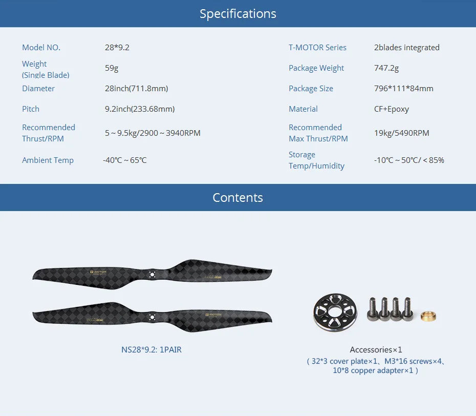T-MOTOR NS28*9.2 Propeller, T-MOTOR Series Zblades integrated Weight 59g Weight 747.2g (