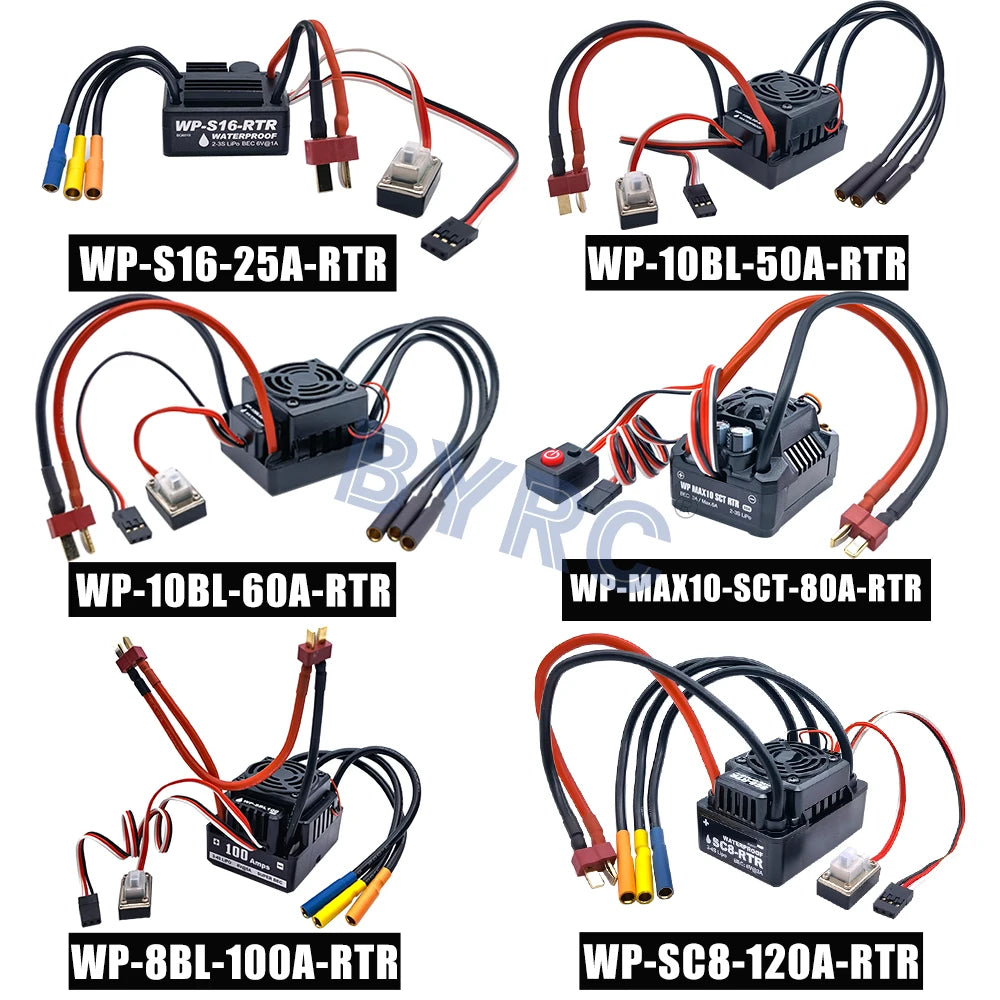 Waterproof ESC for 1/10 to 1/5 RC cars with adjustable output options up to 200A.