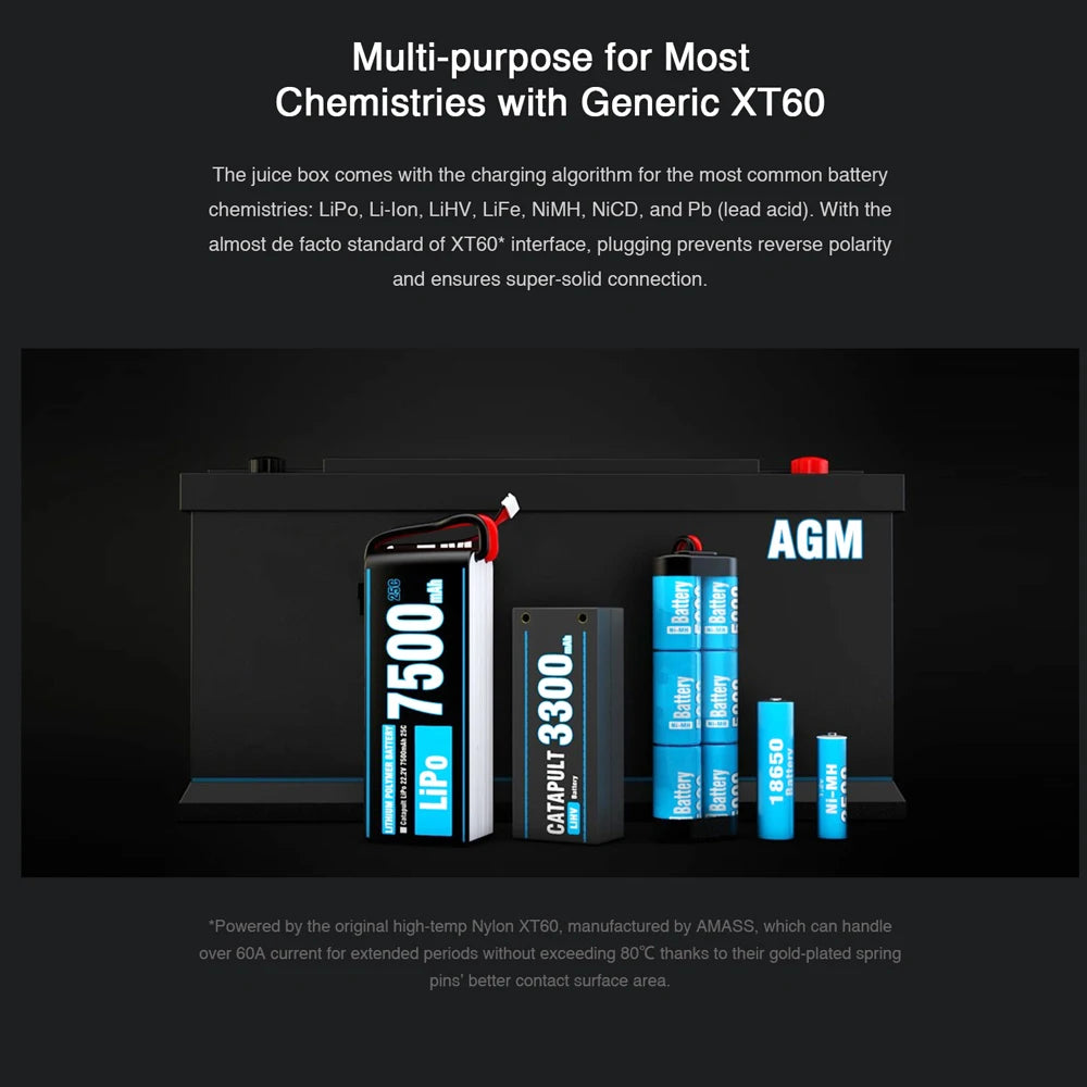 SKYRC T200 Dual AC/DC Balance Charger, the juice box comes with the charging algorithm for the most common battery chemistries .