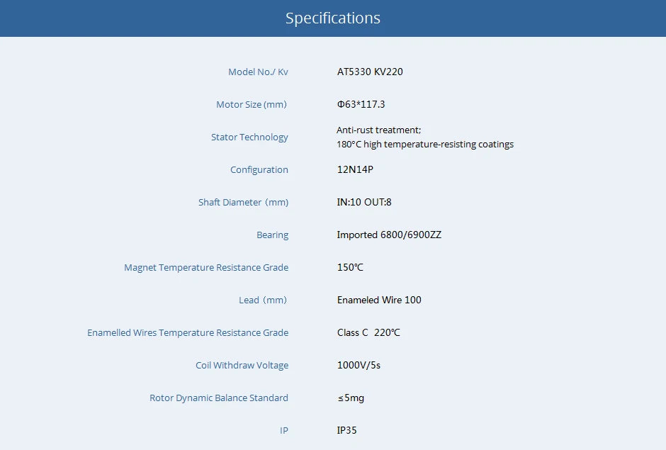 T-motor AT5330-A KV220 Brushless Motor - AT Series Outrunner 12S Max Thrust 11.9KG For Fixed Wing RC Racing Drone VTOL 10 T-motor, Specifications Model No,/ AT5330 KV220 Motor Size (mm) 06