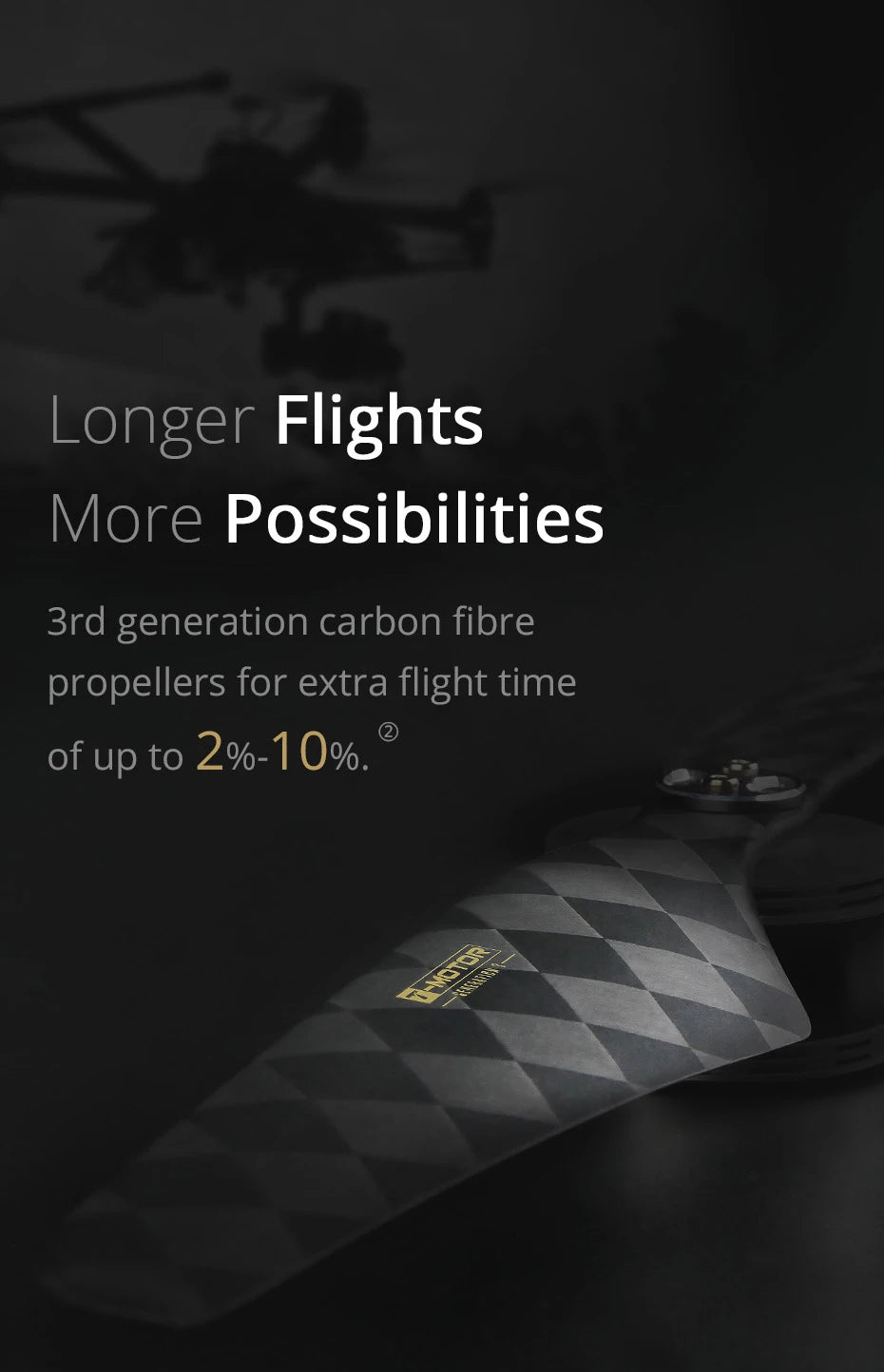 Carbon fibre propellers for extra flight time of up to 2%-1 0% .