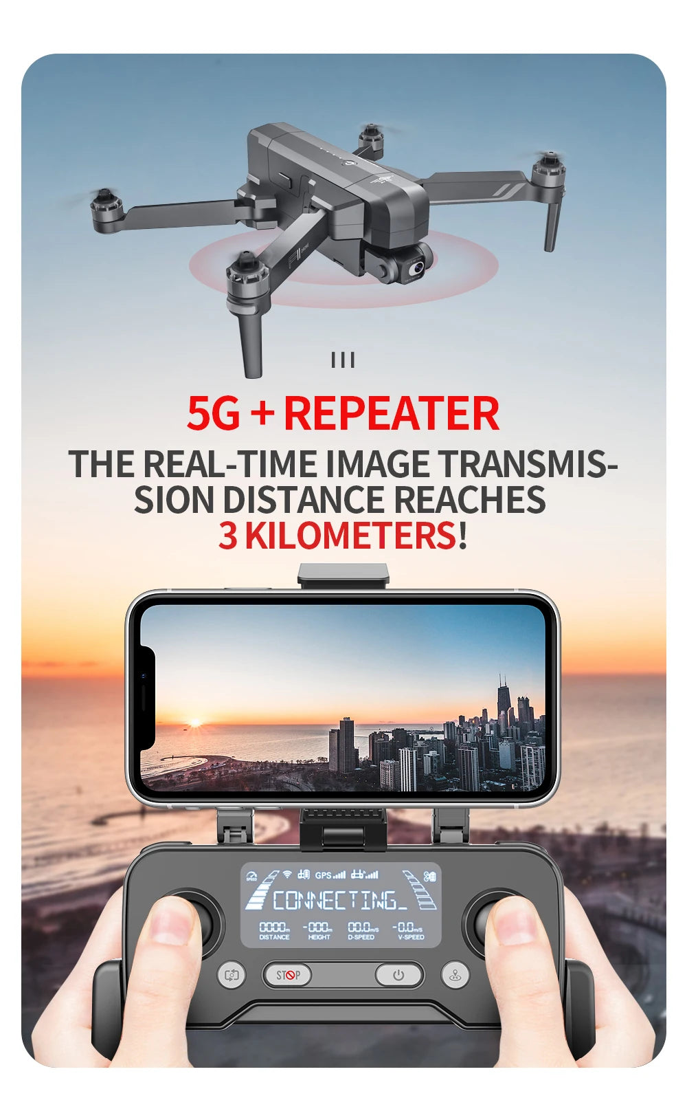 SJRC F11 / F11S  Pro Drone, REAL-TIME IMAGE TRANSMIS- SION DISTANCE REACHES 3