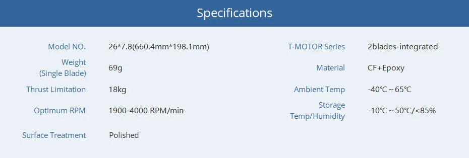 T-motor P26x7.8 CF Prop, T-MOTOR Series Zblades-integrated Weight 69g Material CF+