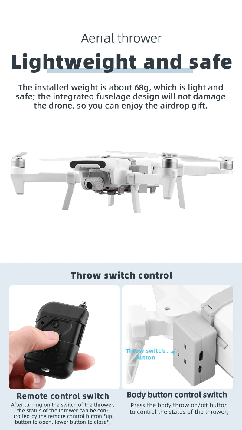 Airdrop System for DJI Mavic 3/2 Pro Zoom AIR 2 Mini 2/Mini 3 Drone Fishing Bait Wedding Ring Gift Deliver Life Rescue Thrower 66 the installed weight is about 68g, which is light and safe . the integrated fuse