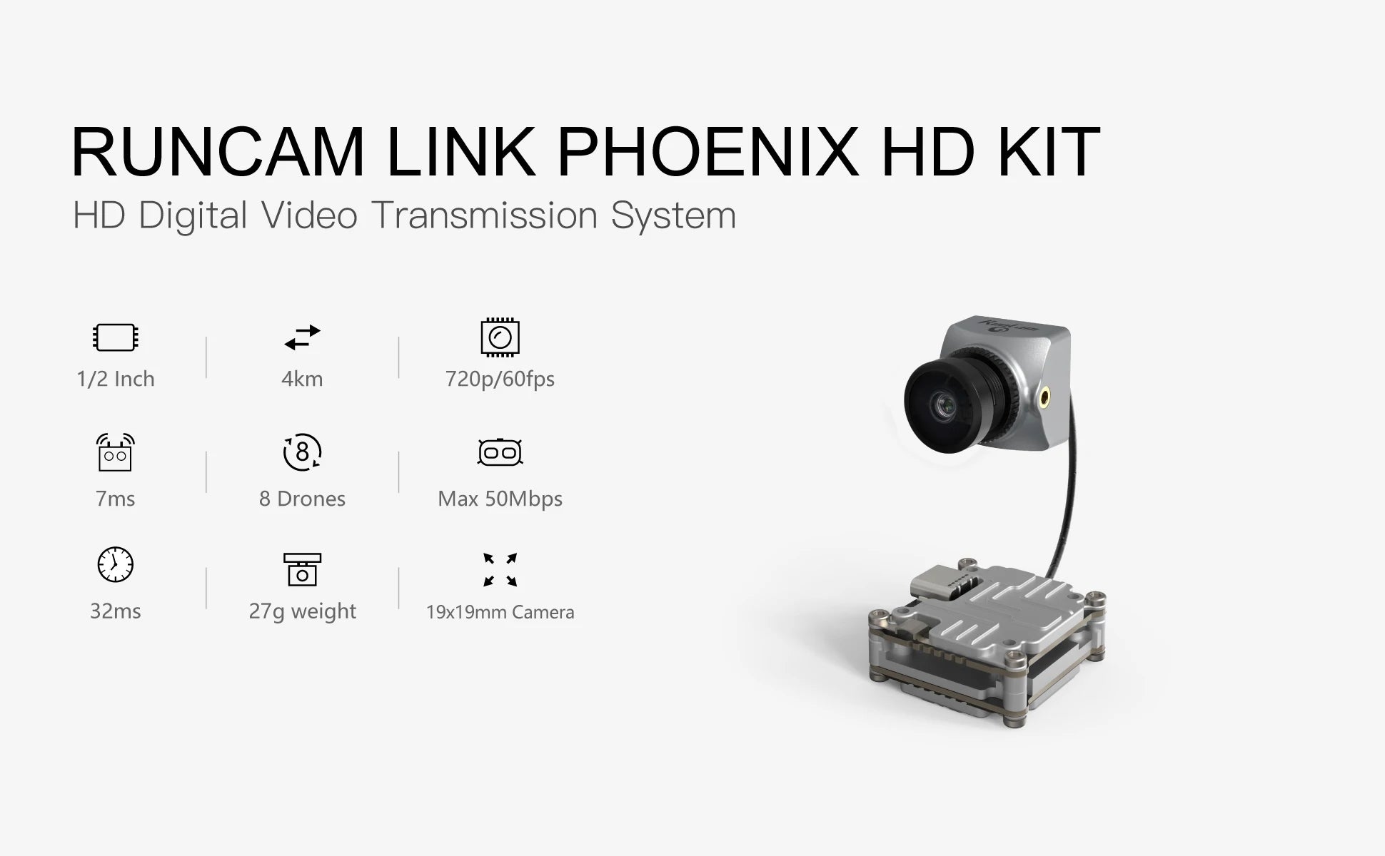 RunCam Link Phoenix HD Kit - 720P/60fps FOV 157° Camera, 4KM 8Channel 5.8GHZ VTX 7 RunCam Link Phoenix HD Kit, RUNCAM LINK PHOENIX HD KIT HD Digital Video Transmission System 1/2