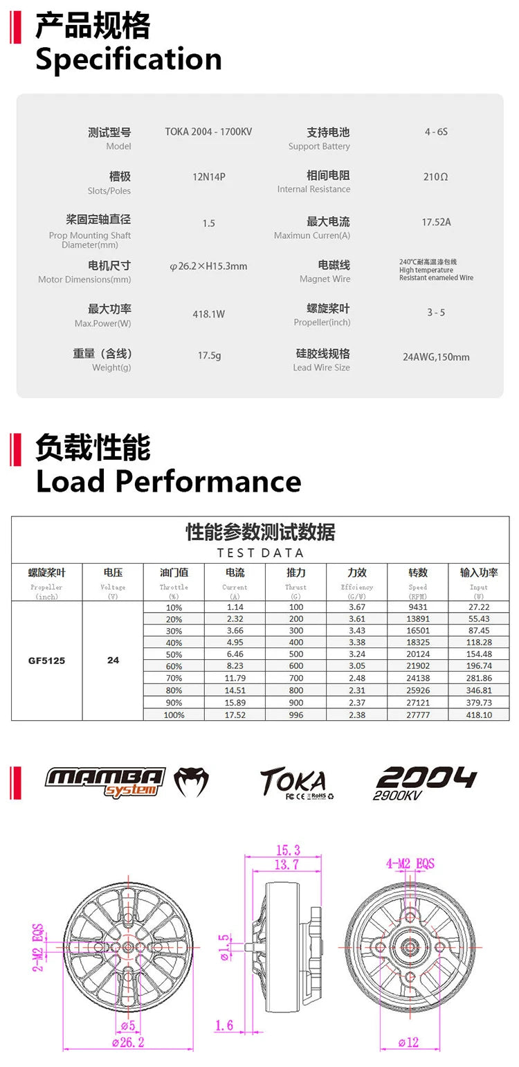 DIATONE MAMBA TOKA 2004 1700KV/2900KV Brushless Motor Racing Motor Green For Racing 3-5inch Toothpick Micro Range Drones RC FPV 13 GF5125 60%6 21902 196.74 70%6 24138 281.8