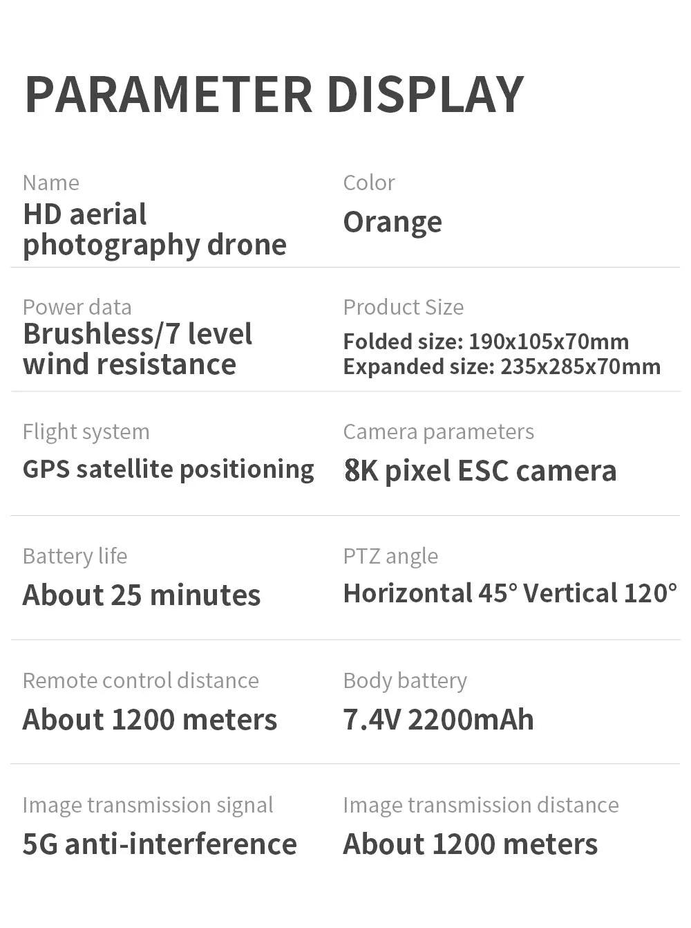 2023 New GPS Drone, PARAMETER DISPLAY Name Color HD aerial Orange photography drone