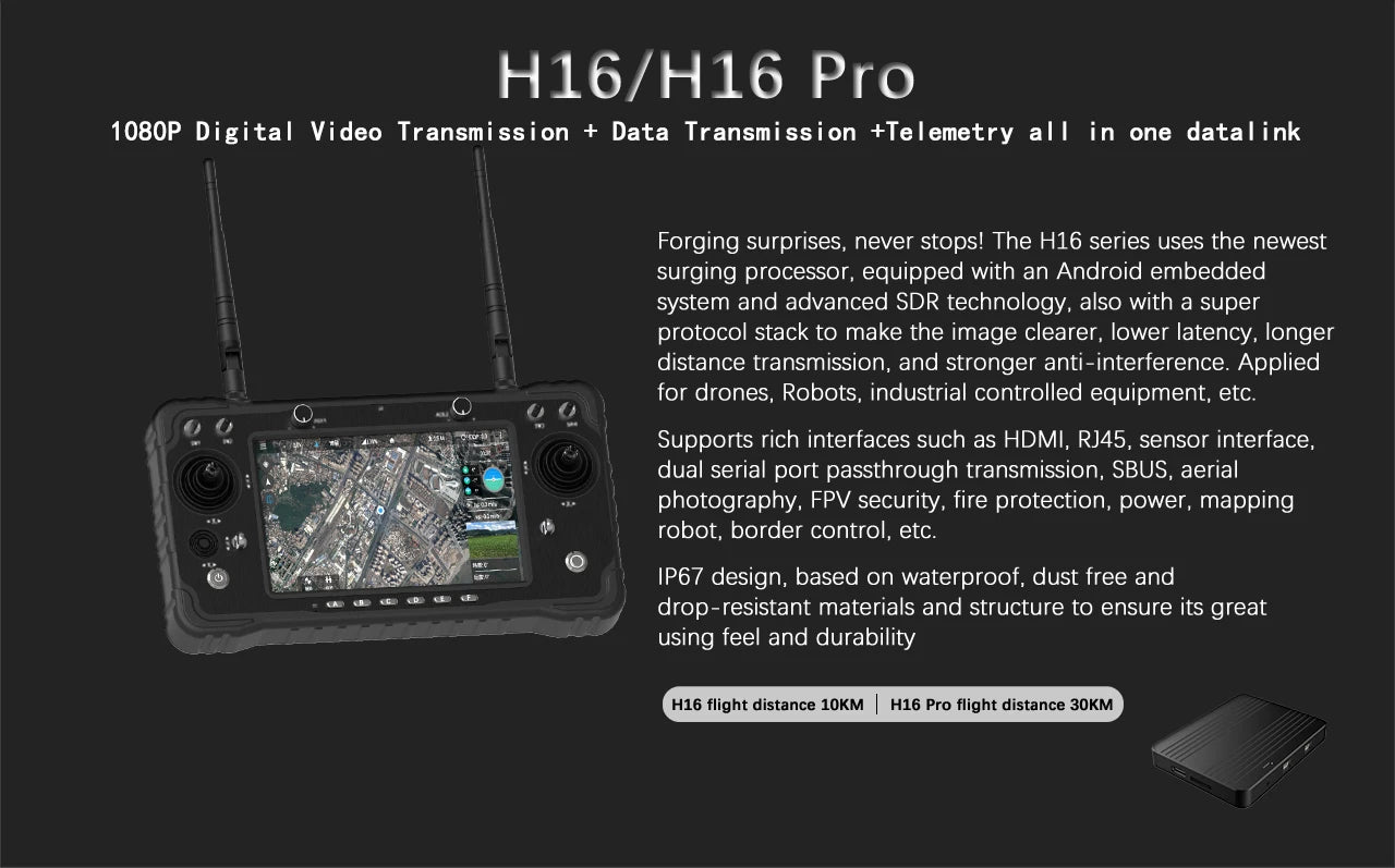 CUAV Black H16 PRO 30km HD Video Transmission System, H16/H16 Pro 108OP uses an Android embedded system and advanced SDR technology