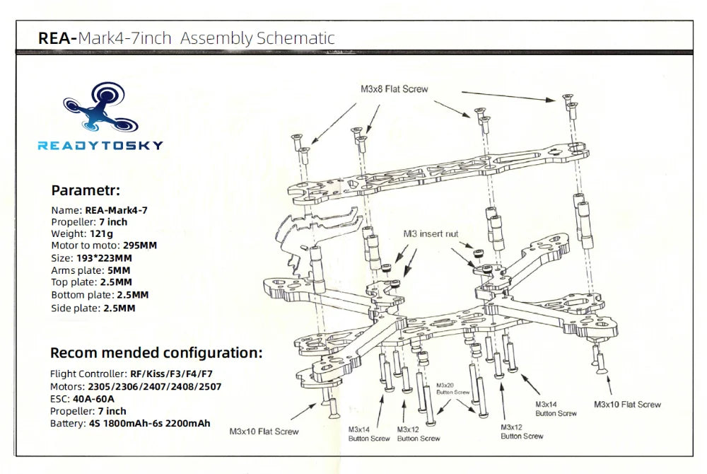 Mark4 5inch FPV Frame, REA-Mark4-Zinch Assembly Schematic M3x8 Flat Screw REA