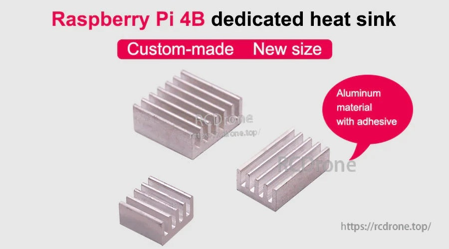 Heat Sink Kit for Raspberry Pi 4B with three custom-sized aluminum heatsinks and peel-and-stick adhesive
