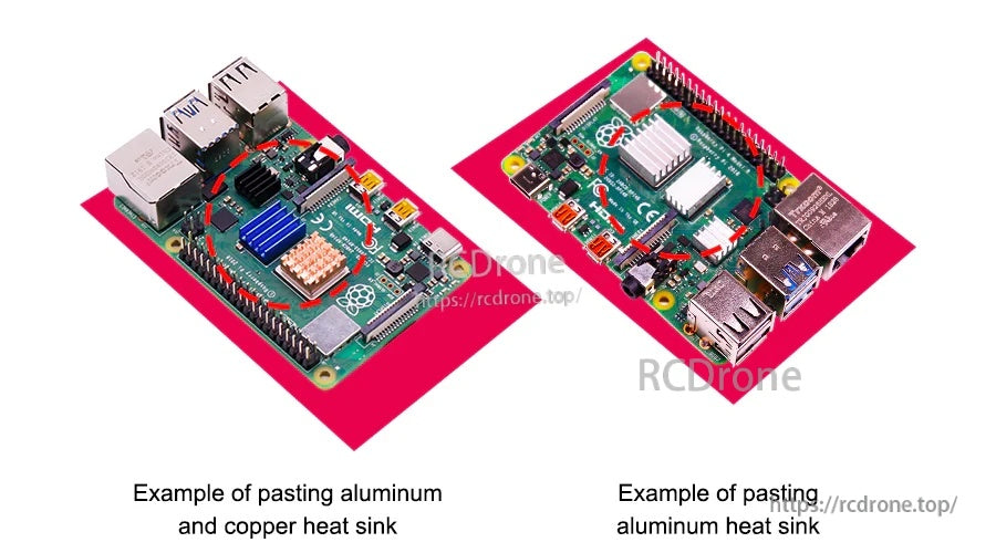 Installed heatsink examples on Raspberry Pi 4B: colorful copper + aluminum set and silver all-aluminum set