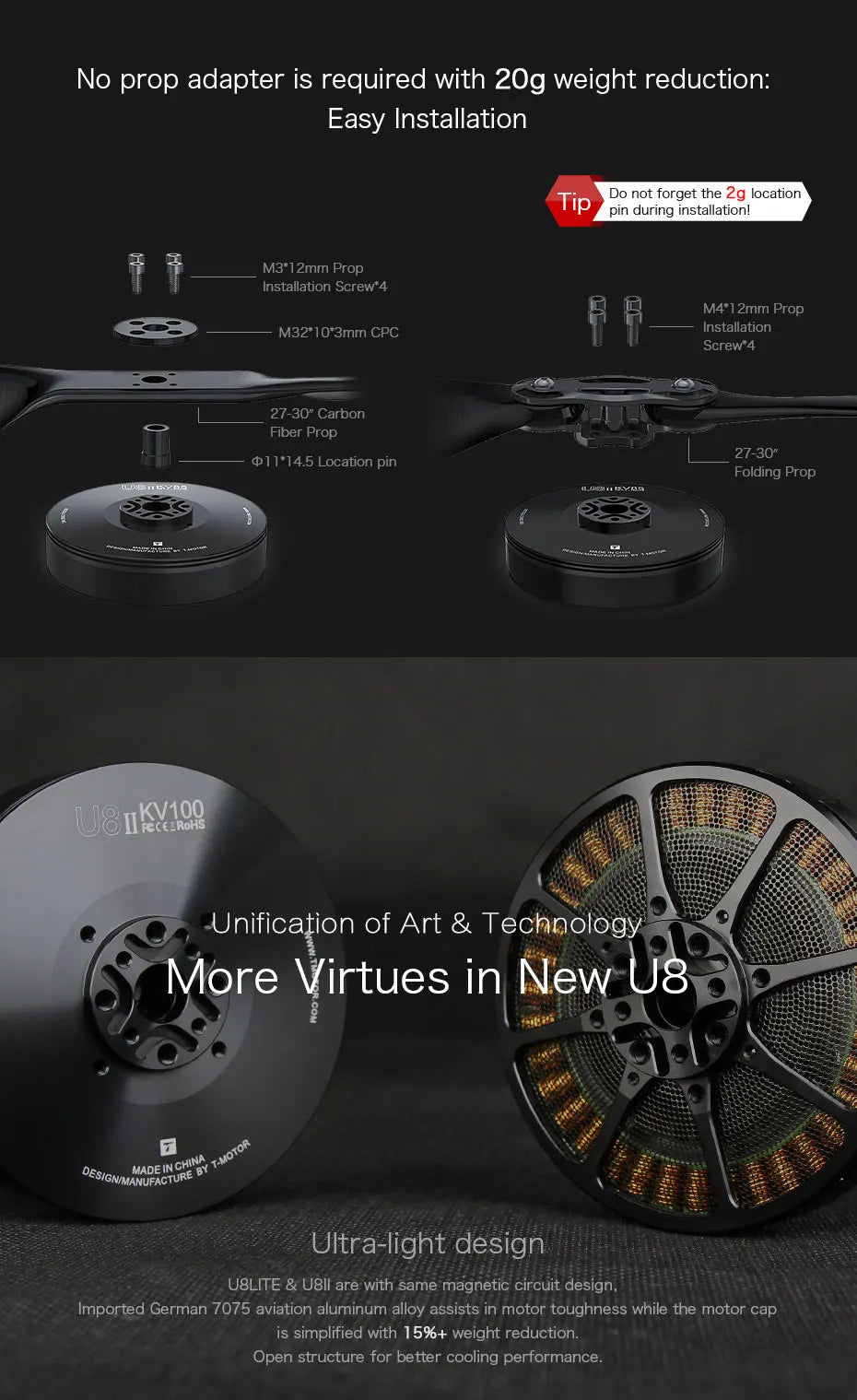 T-motor, No prop adapter is required with 20g weight reduction: Easy Installation Do not forget the 2
