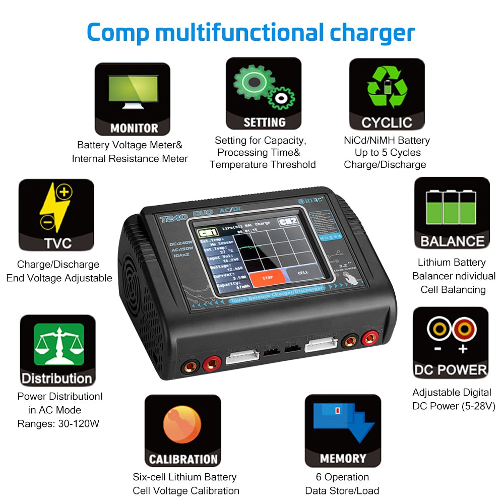 HTRC T240 Duo Lipo Charger, multifunctional charger with a MONITOR SETTING CYCLIC Battery Vol