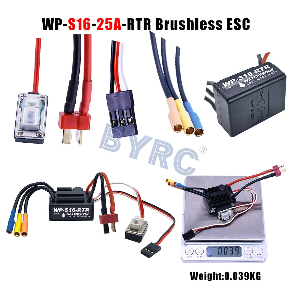 Waterproof ESC speed controller for RC cars, 25A-200A range, suitable for 1/10 to 1/5 scale models.