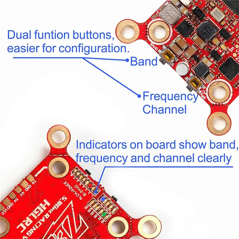 HGLRC Zeus VTX, dual funtion buttons, easier for configuration Band Frequency Channel Indicators on board show