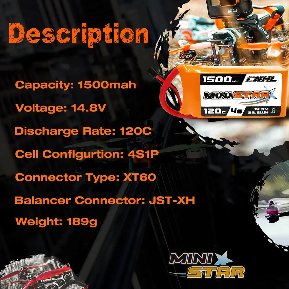 2PCS CNHL 14.8V Lipo 4S Battery for FPV Drone, Description 1S00 DNHI Capacity: 150Omah CNIEU