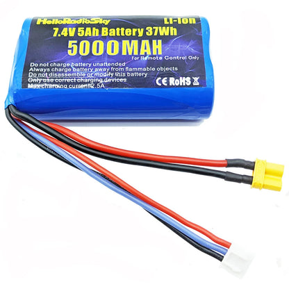 HelloRadioSky 2S 7.4V 5000mAh Li-ion Battery, 7.4V 5000mAh Li-ion RC battery with XT30 plug, 37Wh, 2.5A max charge, CE/RoHS certified, includes safety warnings.