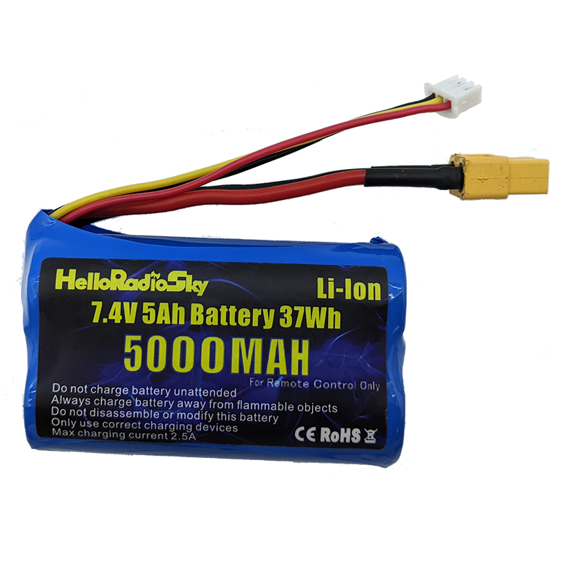 HelloRadioSky 2S 7.4V 5000mAh Li-ion Battery, 7.4V 5000mAh Li-ion RC battery with XT30 plug; max 2.5A charge; CE/RoHS certified; includes safety warnings.