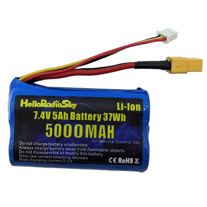HelloRadioSky 2S 7.4V 5000mAh Li-ion Battery, 7.4V 5000mAh Li-ion RC battery with XT30 plug; max 2.5A charge; CE/RoHS certified; includes safety warnings.