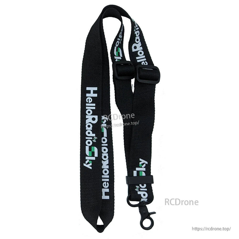 Black HelloRadioSky neck strap for RC radio transmitter, woven logo, dual adjusters and swivel hook