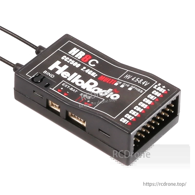 HelloRadioSky HR7C CC2500 2.4GHz 8CH PWM Receiver, HelloRadio HR8C is an 8-channel 2.4GHz RC receiver compatible with D8/D16/SFHSS, HV-supported, with BIND and EXT-BAT ports for aircraft.