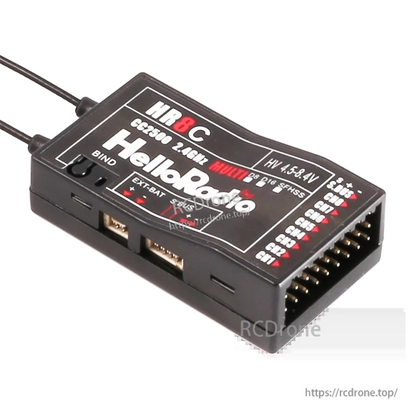 HelloRadioSky HR7C CC2500 2.4GHz 8CH PWM Receiver, HelloRadio HR8C is an 8-channel 2.4GHz RC receiver compatible with D8/D16/SFHSS, HV-supported, with BIND and EXT-BAT ports for aircraft.