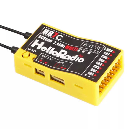 HelloRadioSky HR7C CC2500 2.4GHz 8CH PWM Receiver, HelloRadio HR7C 2.4GHz 8CH PWM receiver supports D8/D16/SFHSS, HV input, S.BUS, EXT-BAT, and CN1–CN7 outputs.