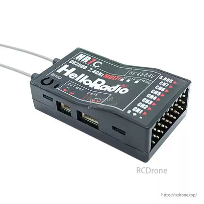 HelloRadioSky HR7C CC2500 2.4GHz 8CH PWM Receiver, HelloRadio HR7C is an 8CH PWM receiver supporting D8/D16/SFHSS, S.BUS output, HV input (4.5–8.4V), and external battery for RC aircraft and drones.