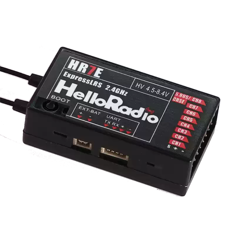 HelloRadioSky HR7E 2.4GHz ELRS 7CH PWM Receiver, HR7E ExpressLRS 2.4GHz 7-channel receiver for RC aircraft and FPV drones, supports HV input and features UART, EXT-BAT, and BOOT button.