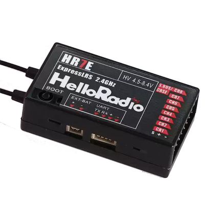 HelloRadioSky HR7E 2.4GHz ELRS 7CH PWM Receiver, HR7E ExpressLRS 2.4GHz 7-channel receiver for RC aircraft and FPV drones, supports HV input and features UART, EXT-BAT, and BOOT button.