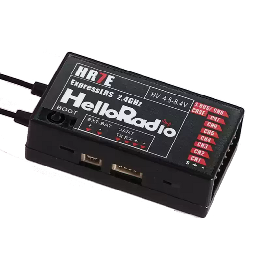 HelloRadioSky HR7E 2.4GHz ELRS 7CH PWM Receiver, HR7E ExpressLRS 2.4GHz 7-channel receiver for RC aircraft and FPV drones, supports HV input and features UART, EXT-BAT, and BOOT button.