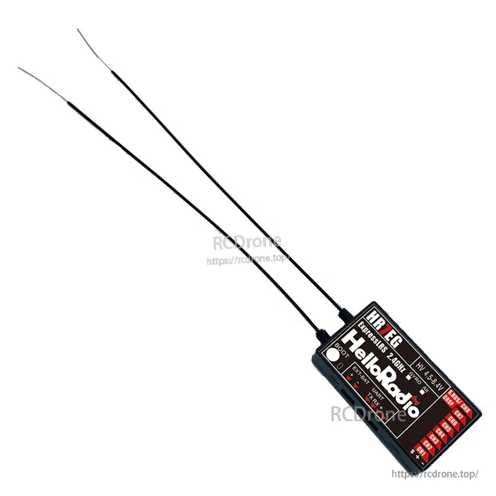 Top view of HR7EG ELRS receiver with dual antennas and labeled CH1–CH8 PWM output pin block