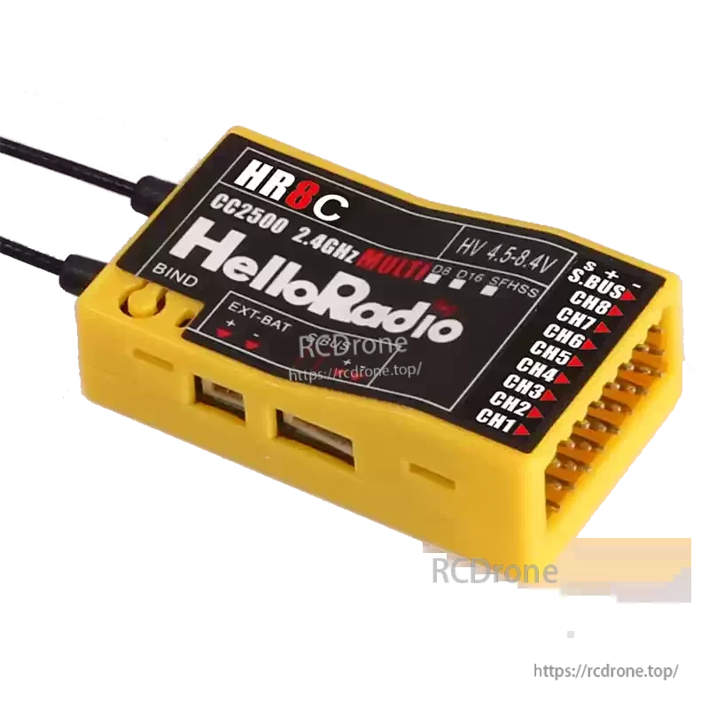 HelloRadio HR8C 2.4GHz receiver supports D8/D16/SFHSS, 9-channel PWM output, 4.5–8.4V HV input, bind button, and external battery for RC models.