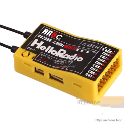HelloRadio HR8C 2.4GHz receiver supports D8/D16/SFHSS, 9-channel PWM output, 4.5–8.4V HV input, bind button, and external battery for RC models.