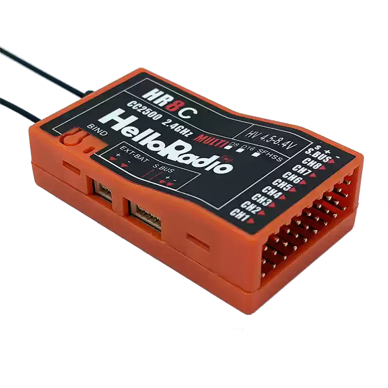 HelloRadio HR8C 2.4GHz 9-channel receiver supports D8/D16/SFHSS protocols for RC models with PWM output.