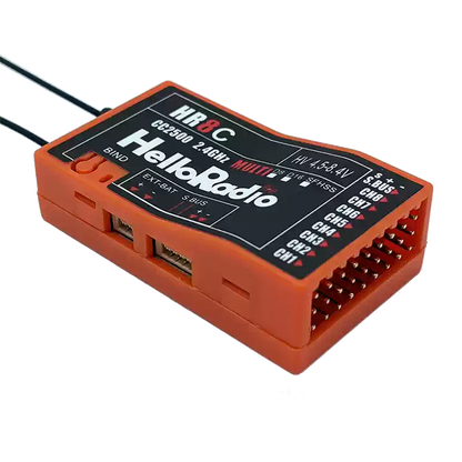 HelloRadio HR8C 2.4GHz 9-channel receiver supports D8/D16/SFHSS protocols for RC models with PWM output.